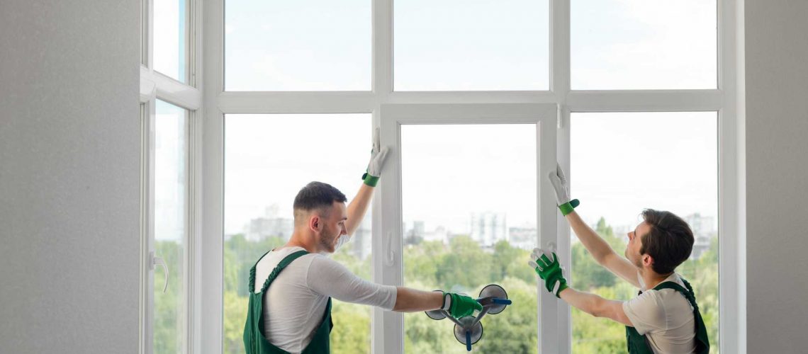 Construction workers install a window. Two young men are working indoors, mounting a window section on hinges.
